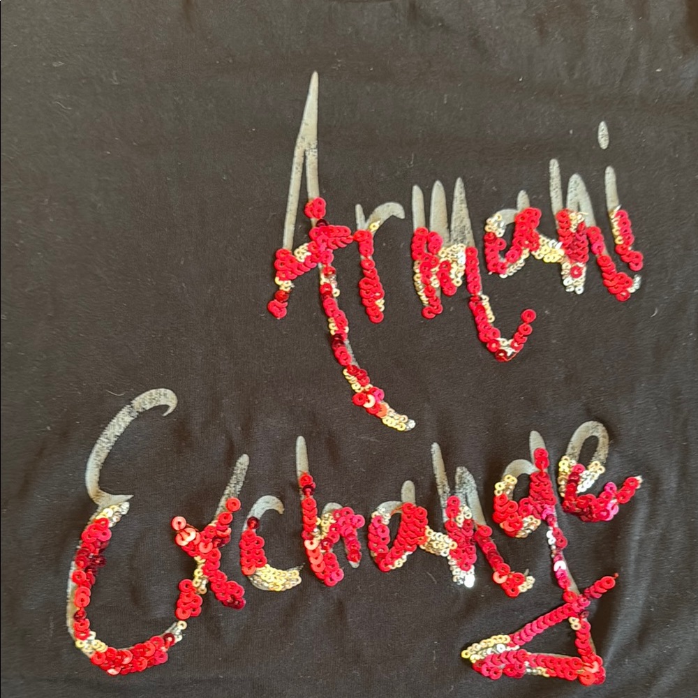 Armani Exchange Black and Red sequined Fitted Short Sleeve Tee